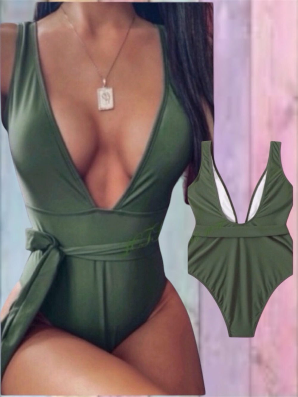 Olive Green Lined Plunging Neckline One Piece Swimsuit New
